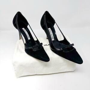 Manolo Blahnik Black Suede Patent D’Orsay Pumps Bow Detail Women’s EU 38.5
